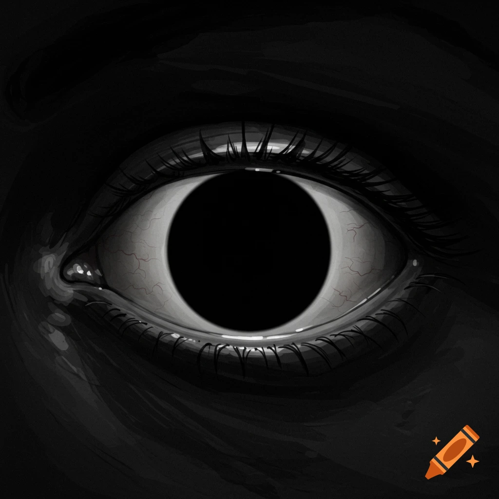 Close-up grayscale digital painting of an eye with a large black pupil and red veins.