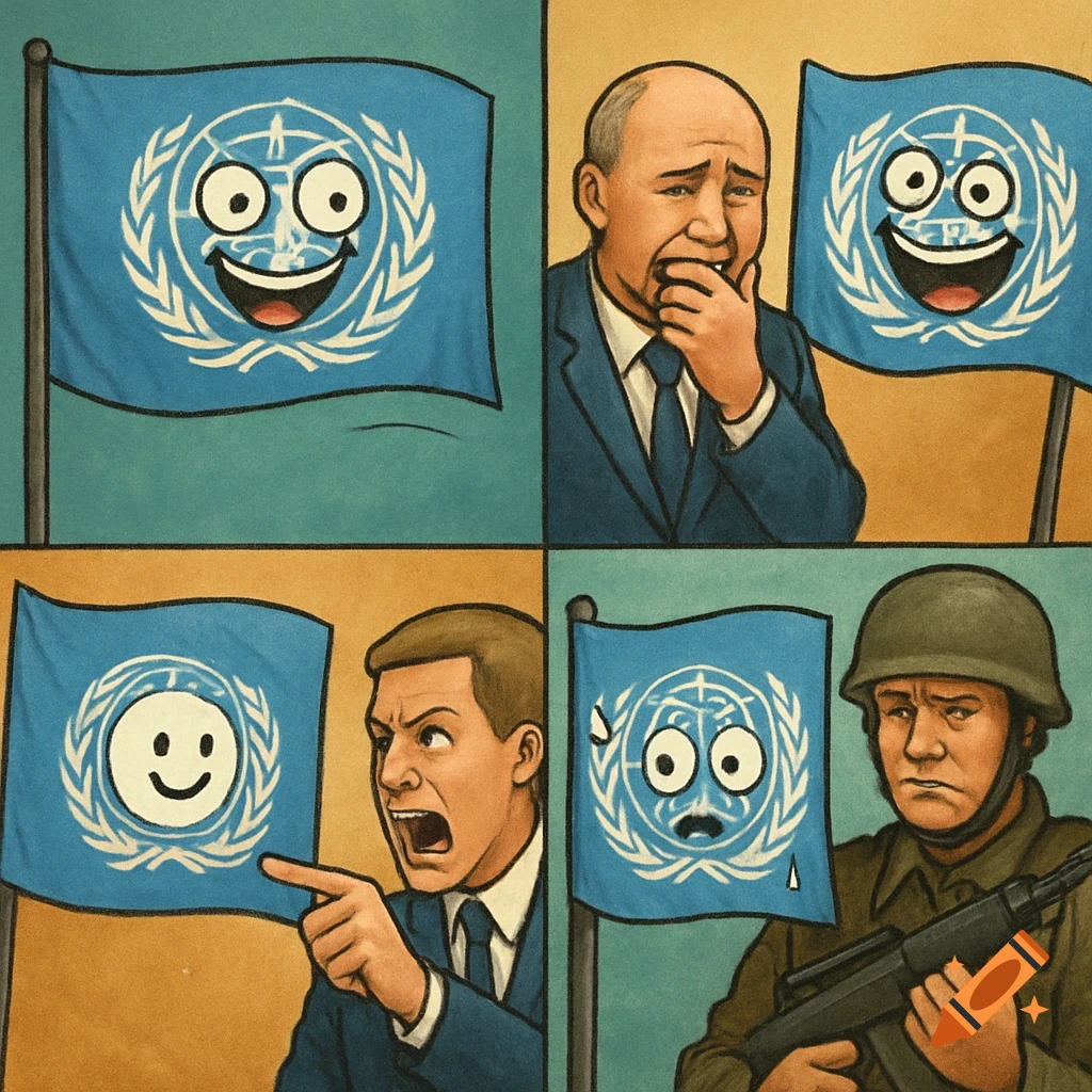 Four-panel cartoon: UN flag with different faces alongside men reacting.