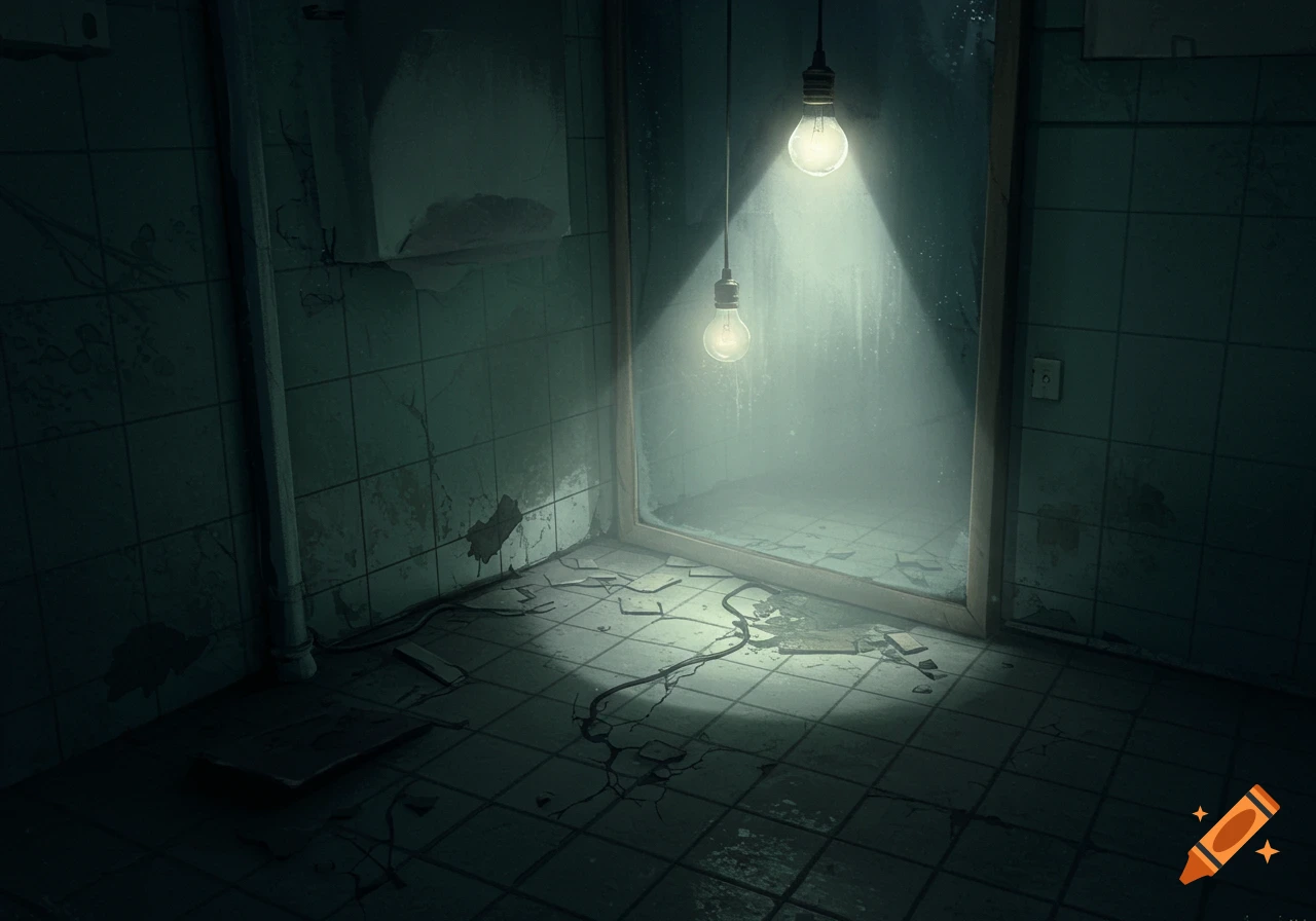 Dimly lit, run-down bathroom with cracked tiles, foggy mirror, and hanging light bulbs casting a glow on the floor.