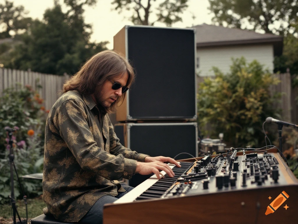 Man with long hair and sunglasses playing a large synthesizer outdoors with speakers.
