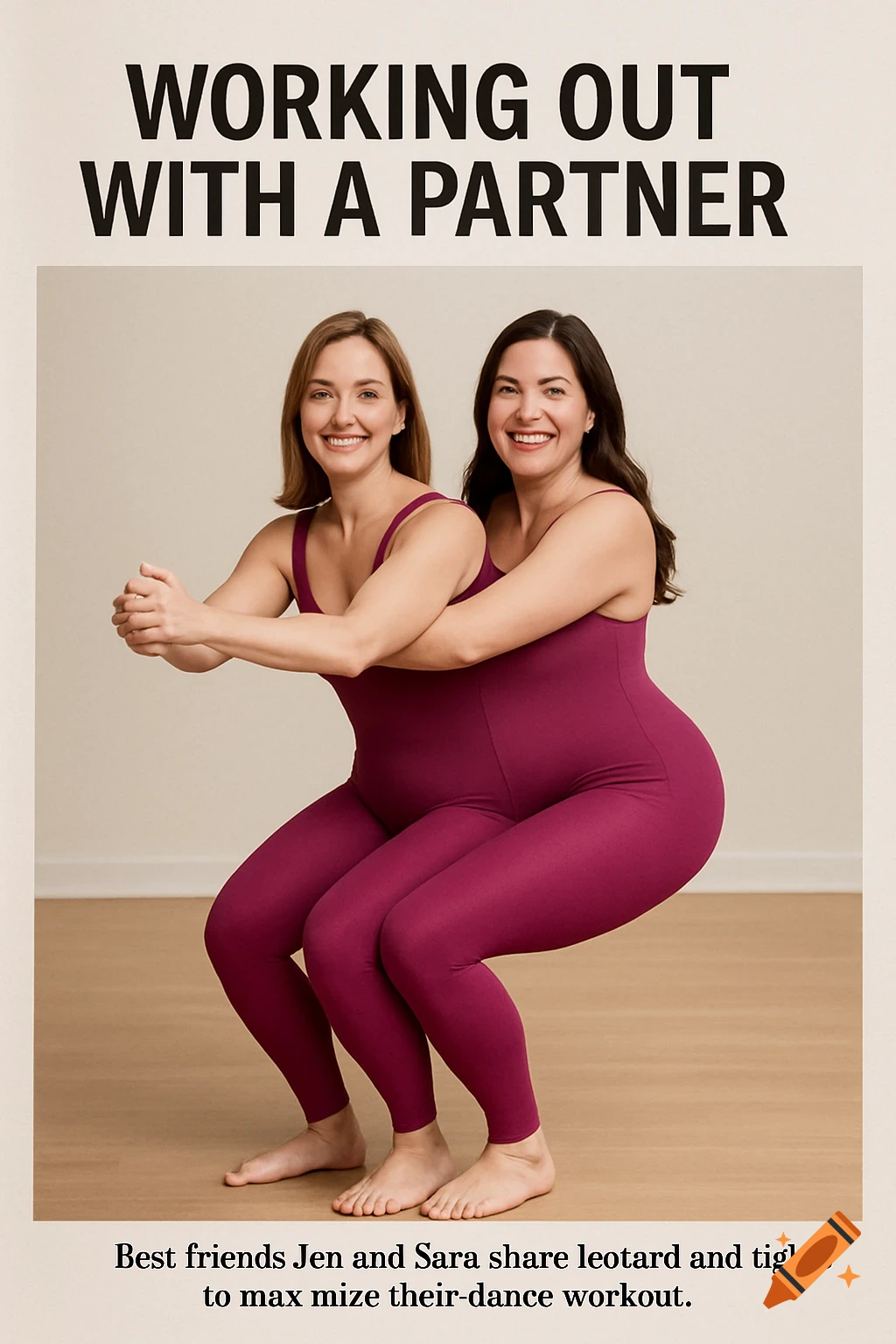 Two women in purple leotards and tights squatting together, smiling, with text above and below.