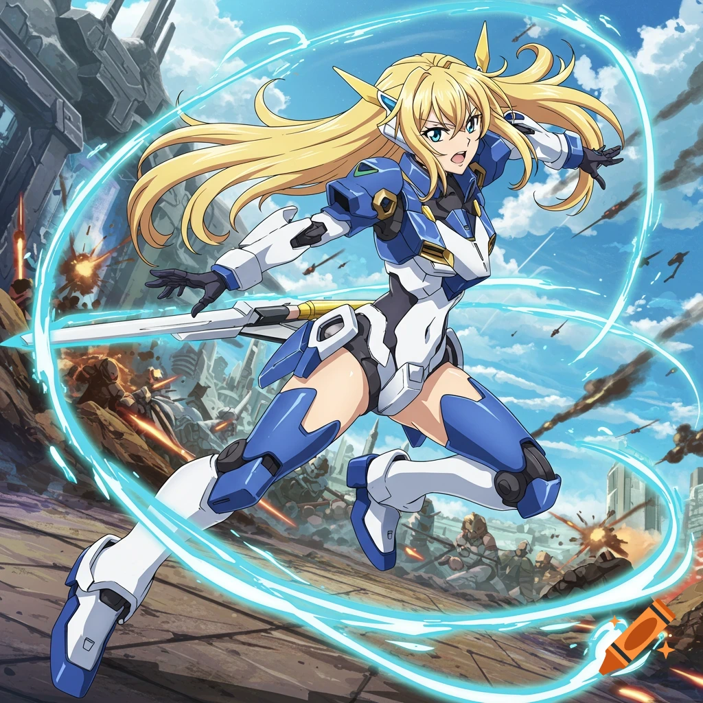 Anime girl in blue and white mecha armor fighting in a battle scene.