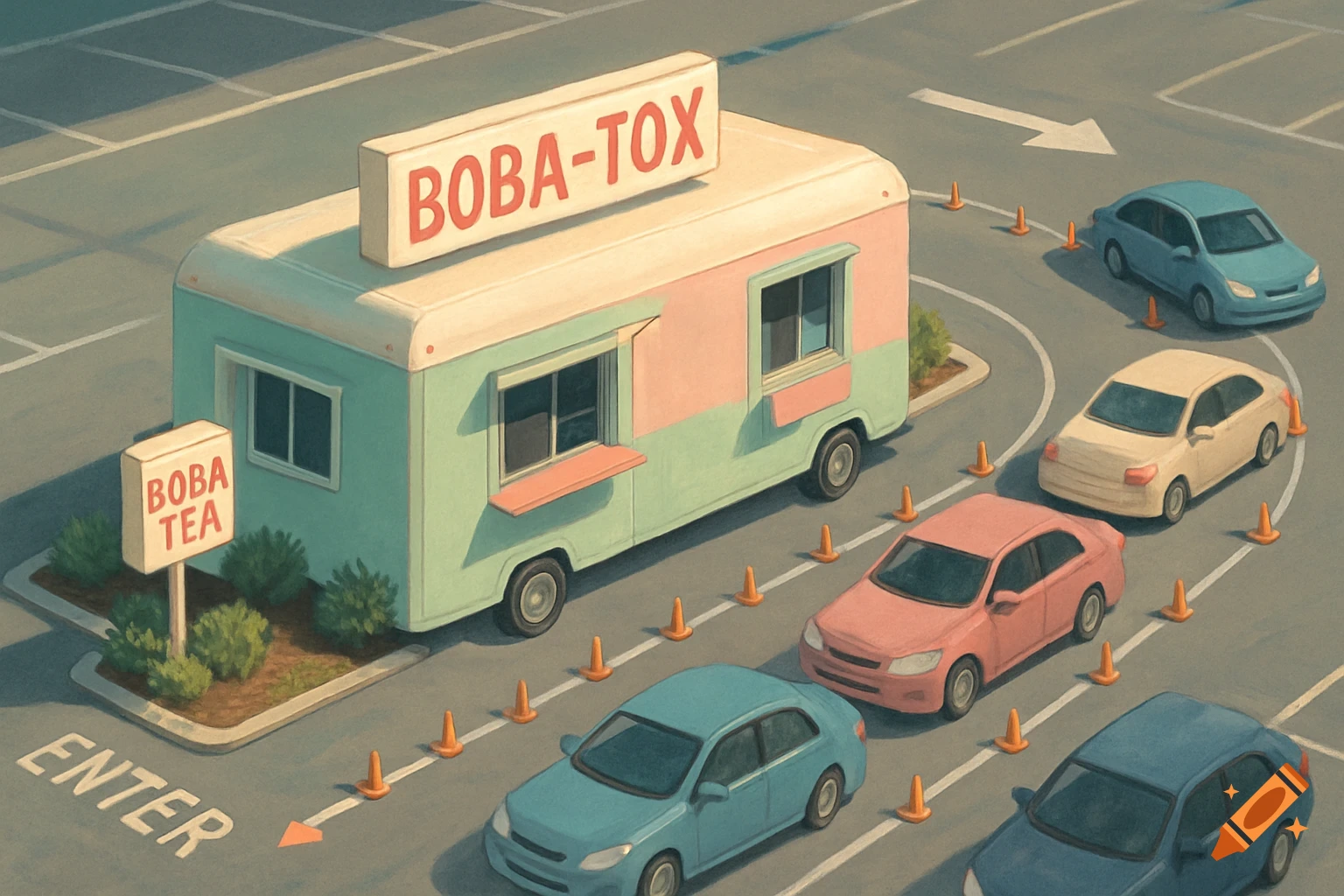 A bird's eye view illustration of a pastel-colored 'BOBA-TOX' food truck in a parking lot with cars lining up for a drive-thru and a walk-up area.