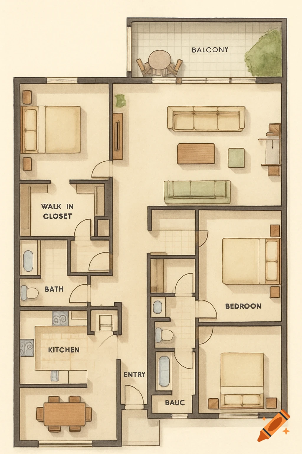 Hand-drawn floor plan of a two-bedroom apartment layout.