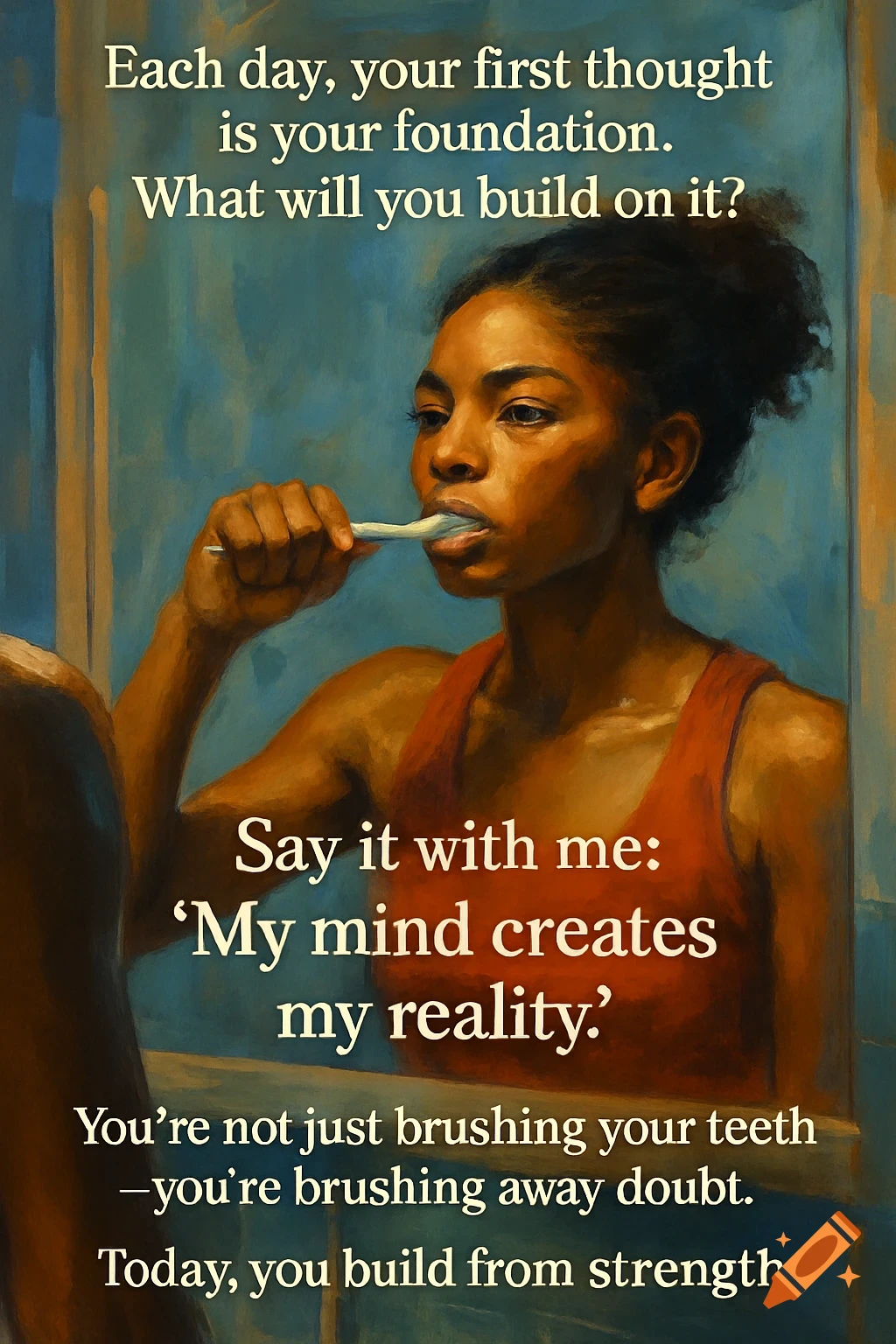 Painting of a woman brushing teeth in a mirror with motivational text.