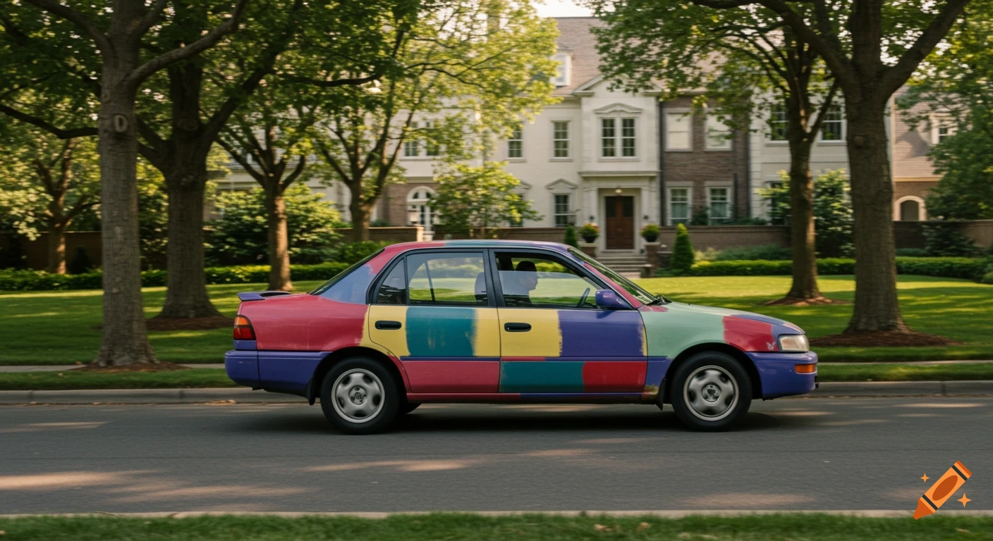 Multicolored car driving on a suburban street past houses and trees.