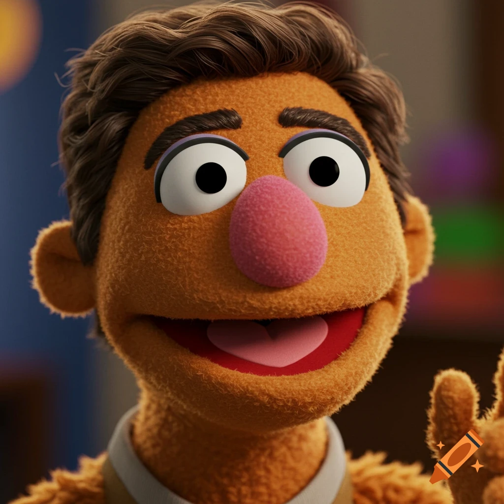 Close-up of an orange muppet character with brown hair, smiling and holding up two fingers.
