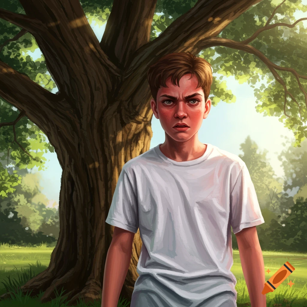 A teenage boy with a white shirt looks angry at a tree in a park.