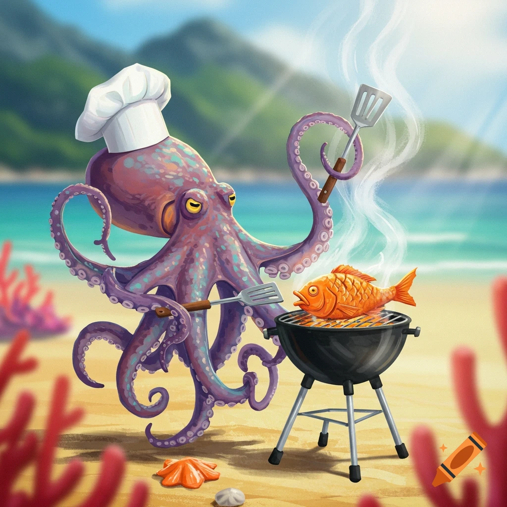 A cartoon octopus wearing a chef hat grills a fish on a barbecue on a sunny beach.
