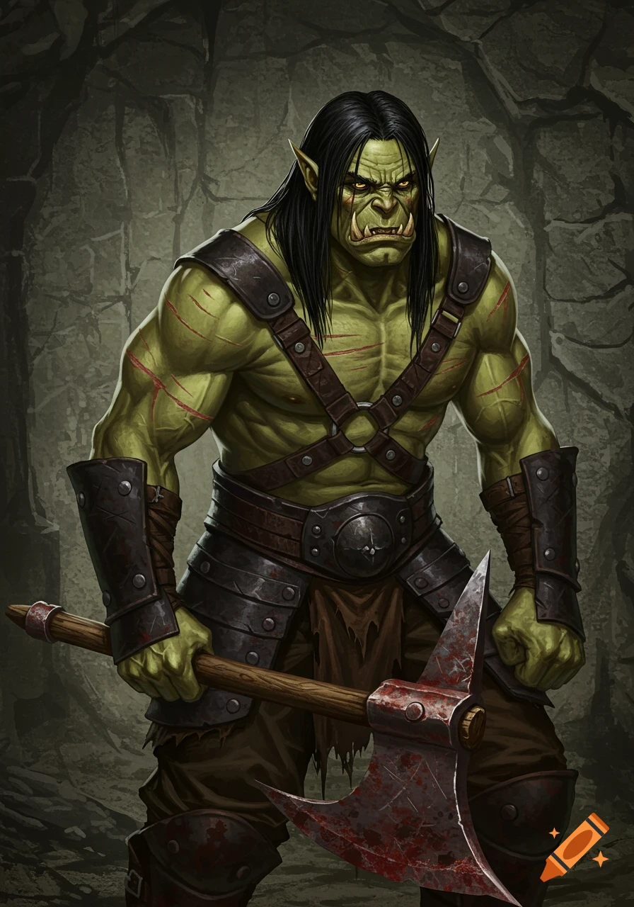 Illustration of a green-skinned orc with scars holding a bloody axe.
