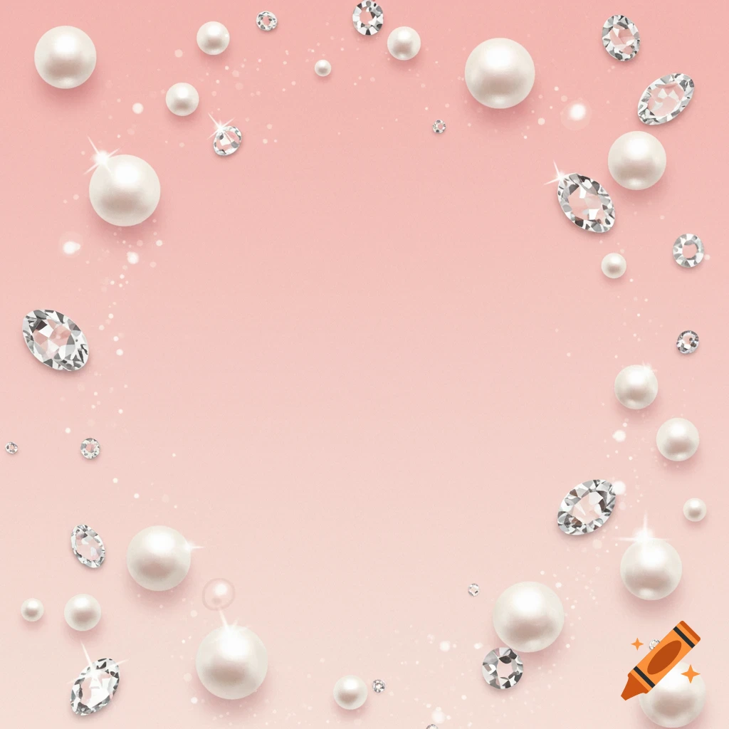 White pearls and diamonds on a pastel pink background.