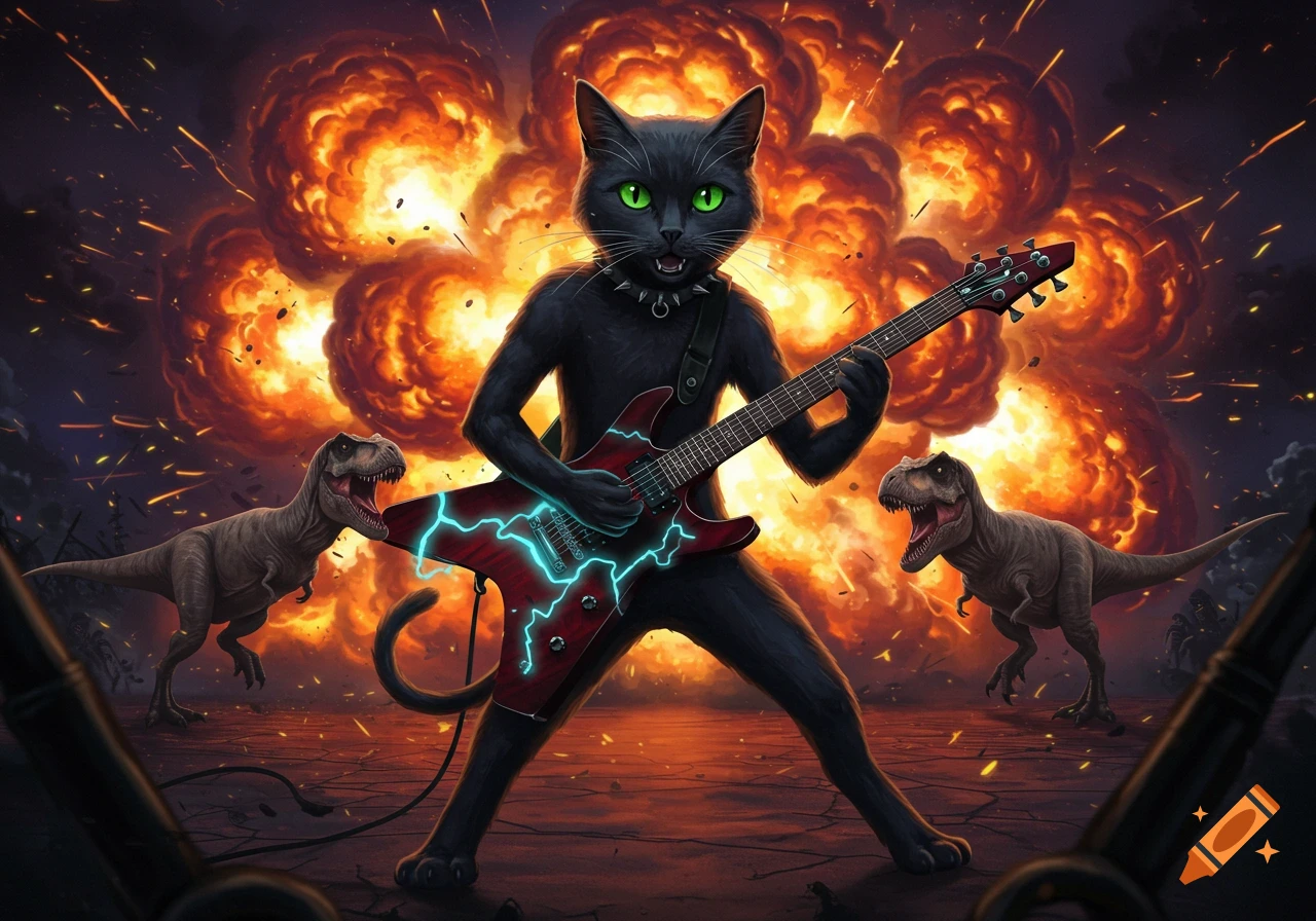 A black cat playing an electric guitar in front of explosions with two T-Rex dinosaurs.