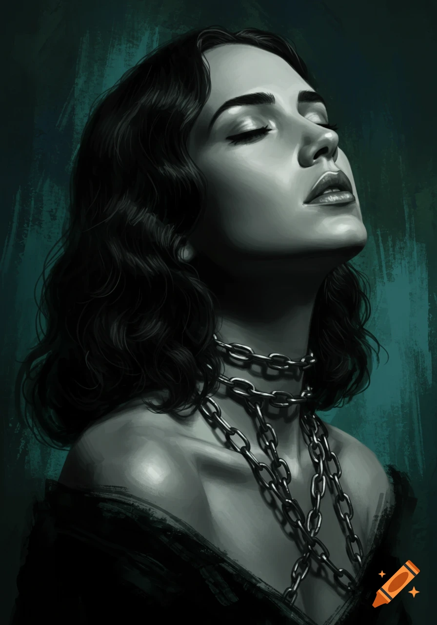 Illustrated portrait of a woman with chains around her neck and chest, in a dramatic chiaroscuro style.