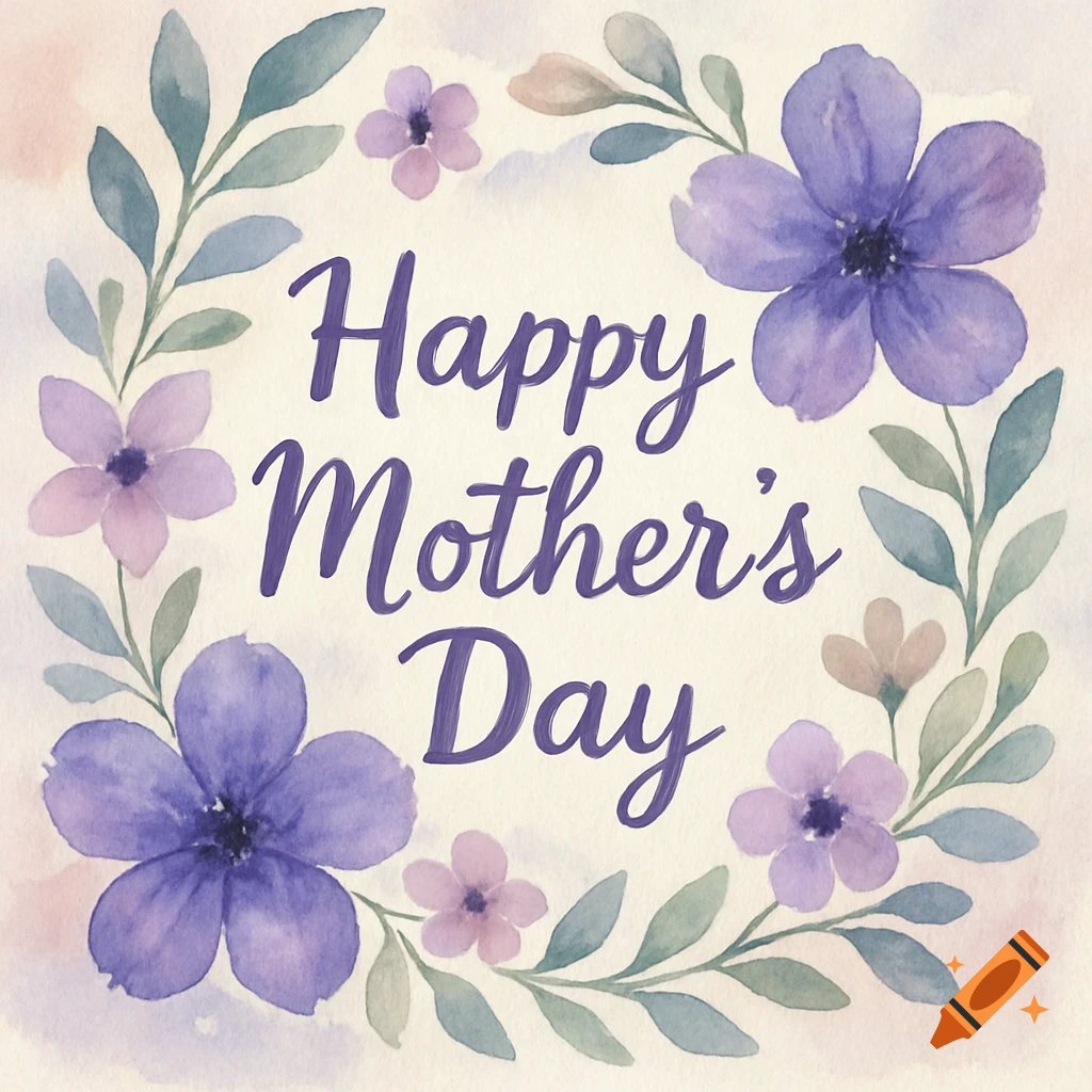 A watercolor illustration of a Mother's Day card featuring purple flowers, green leaves, and pink accents forming a wreath around the text "Happy Mother's Day."