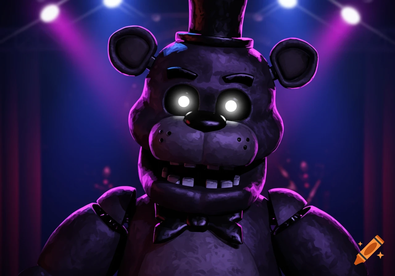 Dark animatronic bear in a top hat with glowing eyes on a stage lit by purple spotlights.