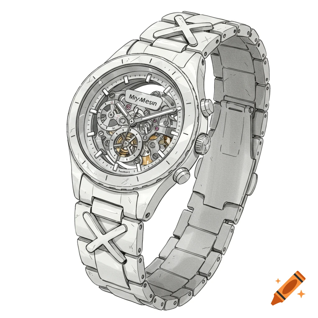 Illustration of a white skeleton watch with a metallic strap featuring 'X' links, rendered on a white background.