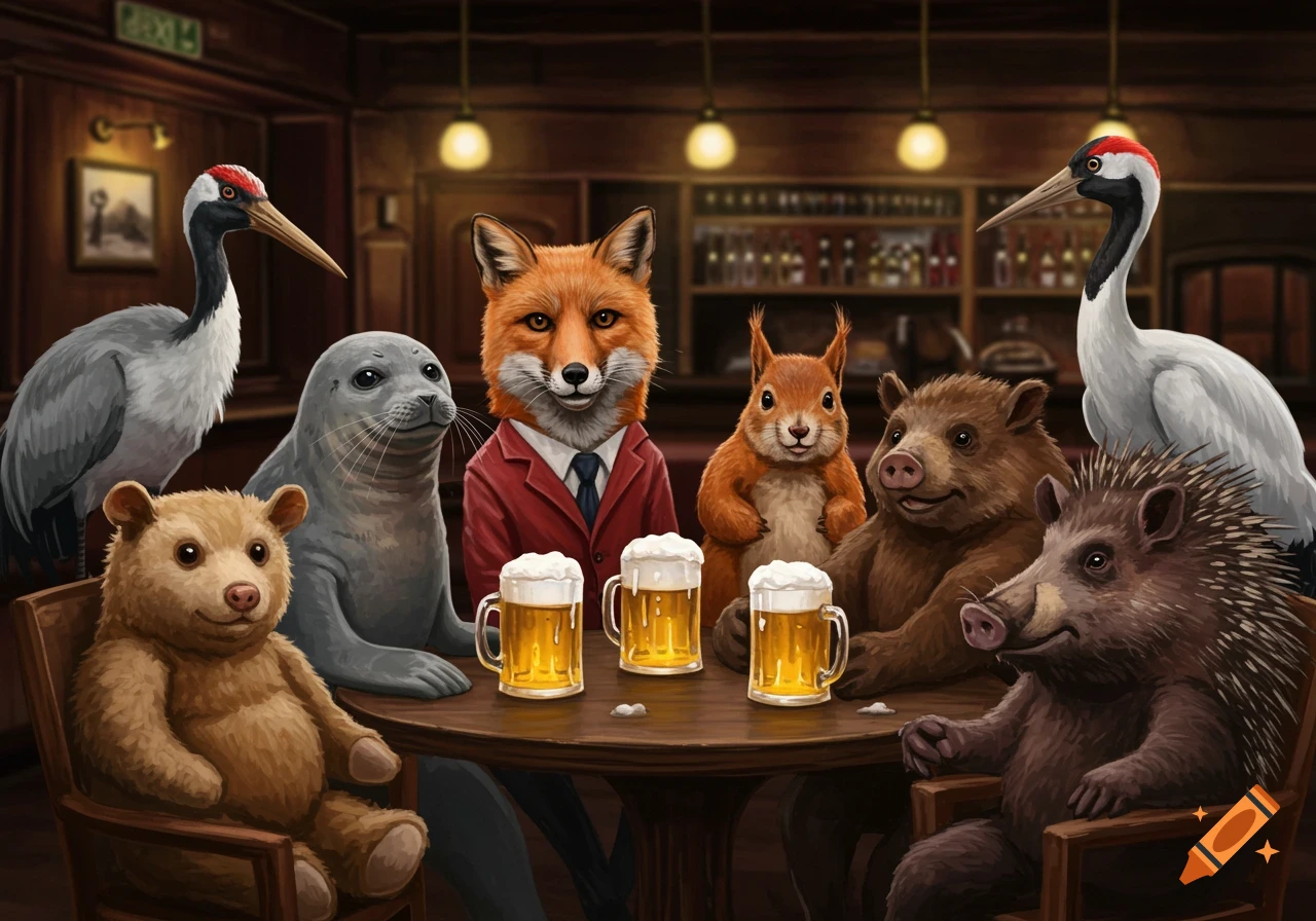 Anthropomorphic animals and a teddy bear sit around a pub table with beers.