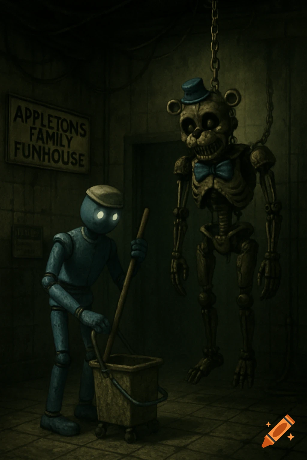A blue robot mops near a skeletal animatronic bear hanging from a chain in a dark room. A sign reads "APPLETONS FAMILY FUNHOUSE".