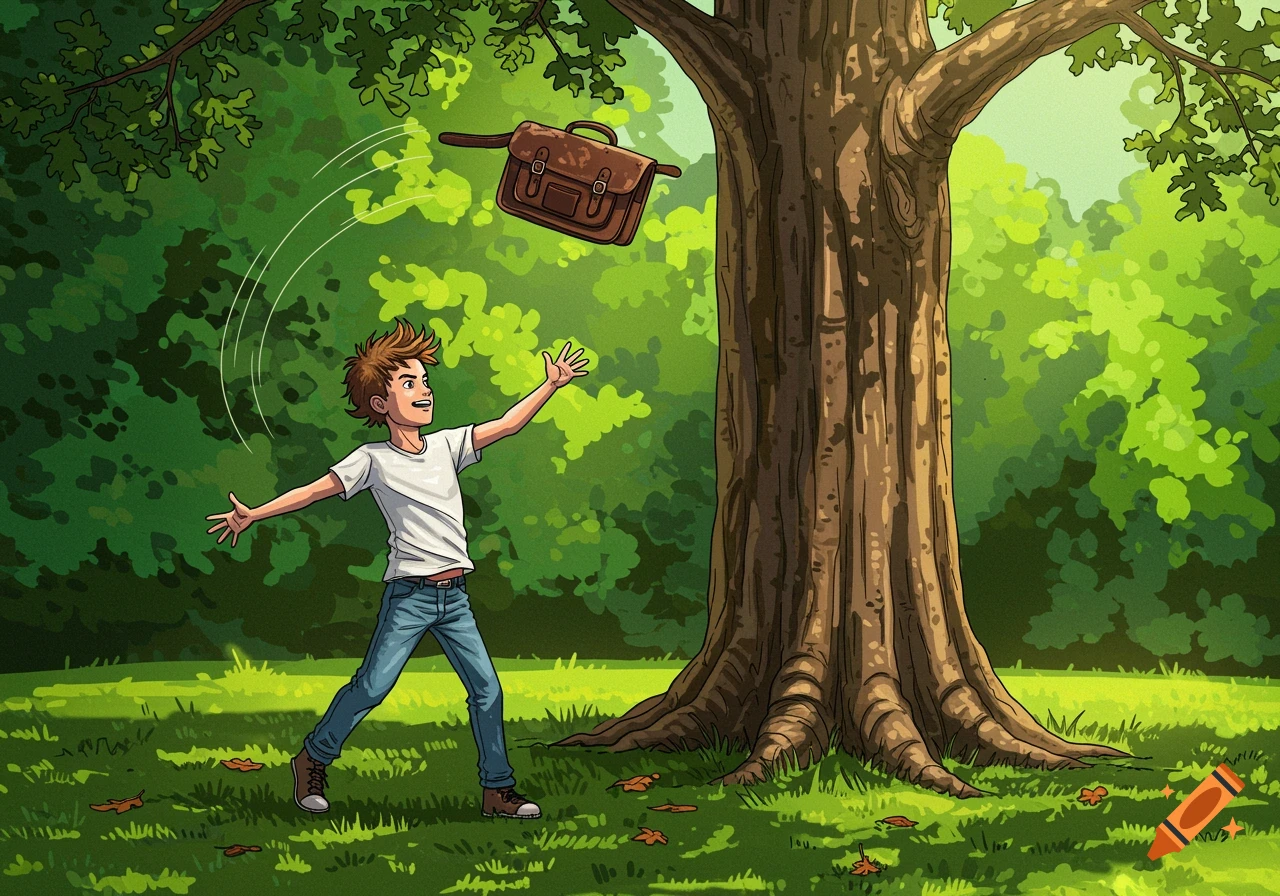 Illustration of a boy throwing a school bag at a large tree in a park.