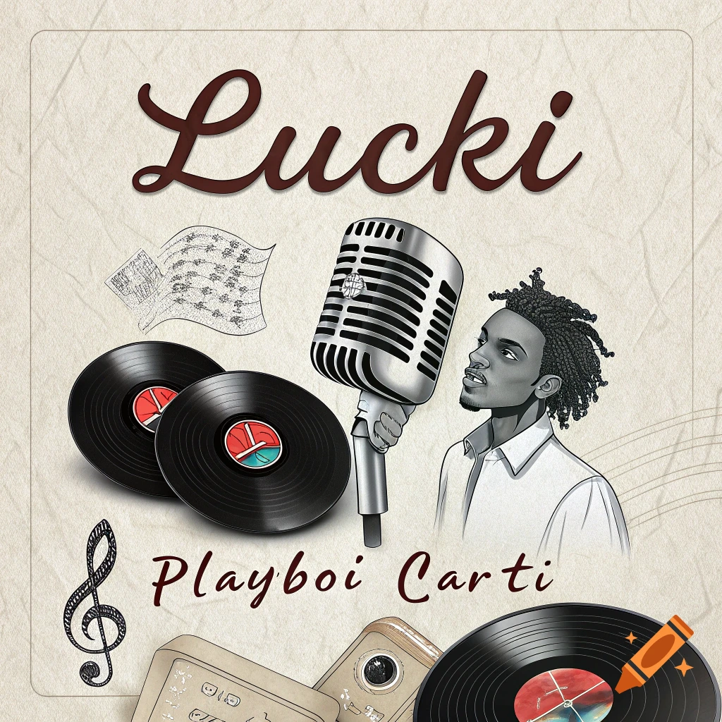 Vintage illustration album cover with records, microphone, man, and text 'Lucki Playboi Carti'.