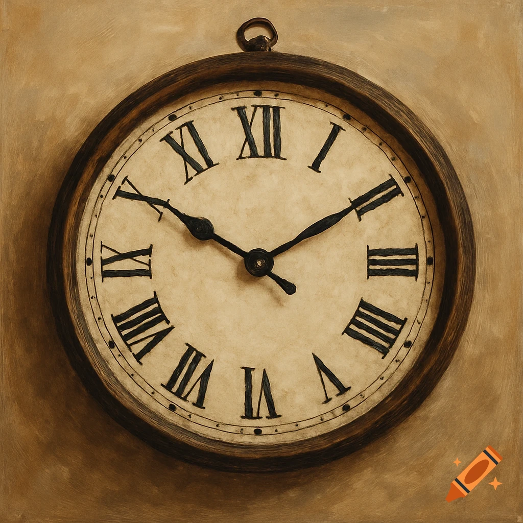 Close-up of an antique clock face with Roman numerals.