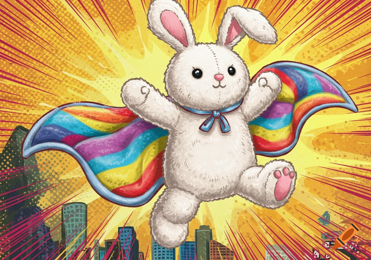A fluffy white bunny plushie wearing a rainbow cape flies over a city in a comic art style.