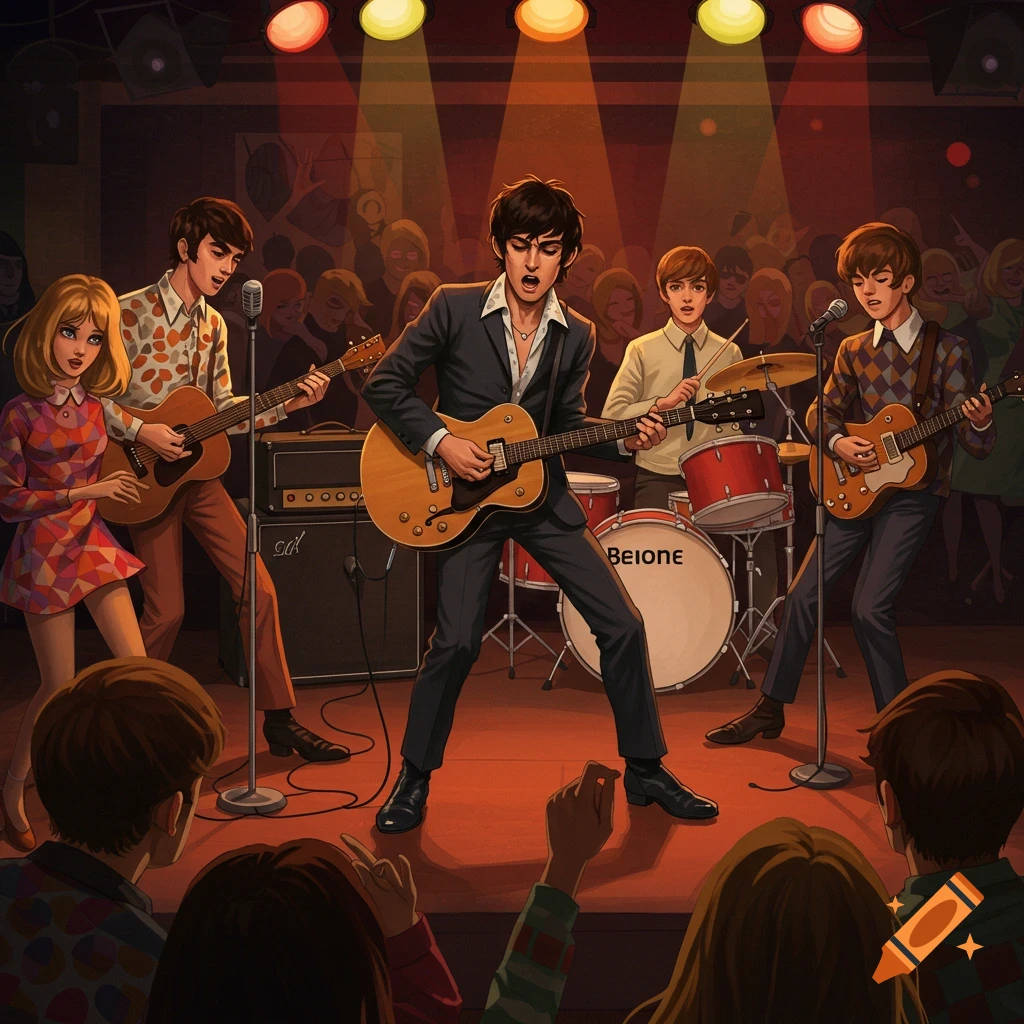 Illustration of a 60s British invasion style band performing on a stage in a club.