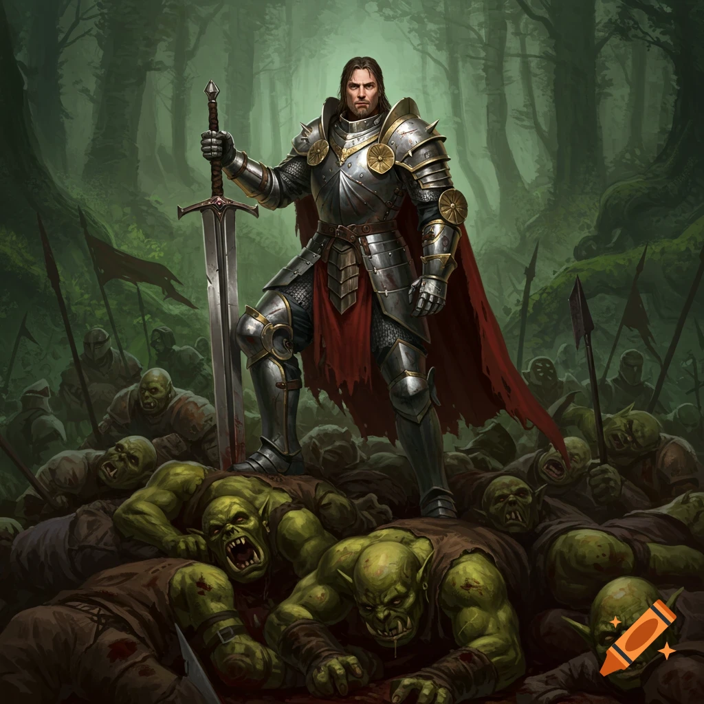 A knight stands on a pile of dead orcs in a forest clearing. Fantasy art.