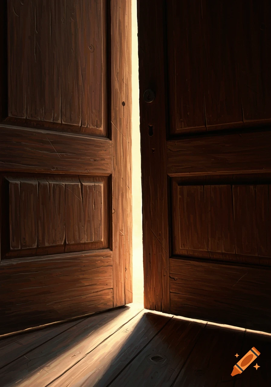 Wooden door partially open with bright light streaming through the gap onto the floor.
