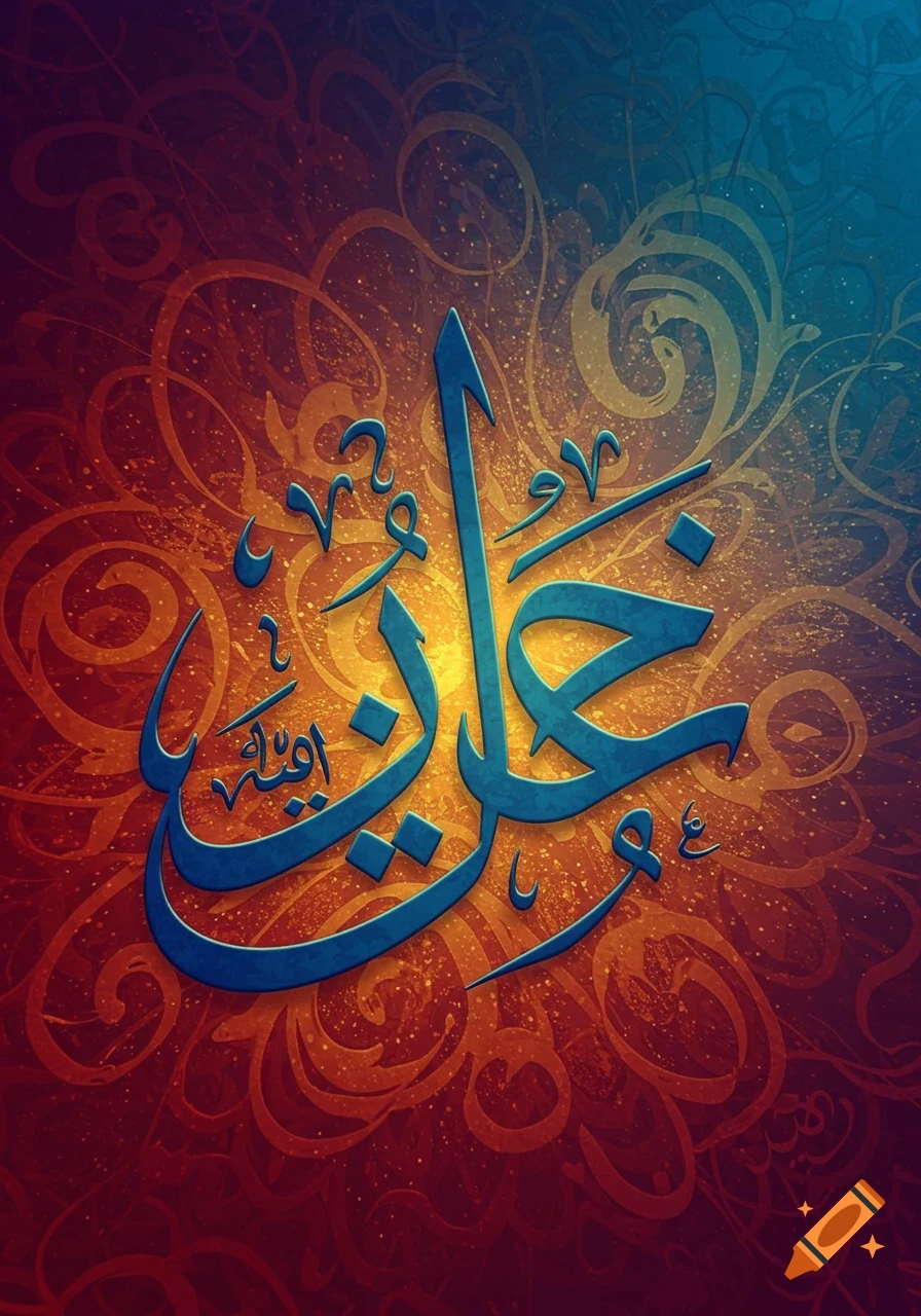 Stylized blue Arabic calligraphy on a vibrant orange and blue abstract background with swirls and sparkles.