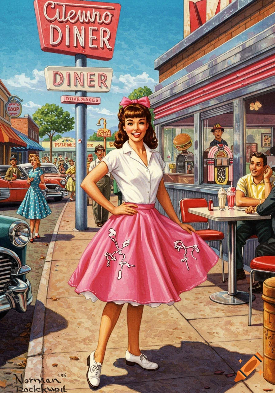 Illustration of a smiling 1950s girl in a pink poodle skirt standing outside a diner on a sunny day.