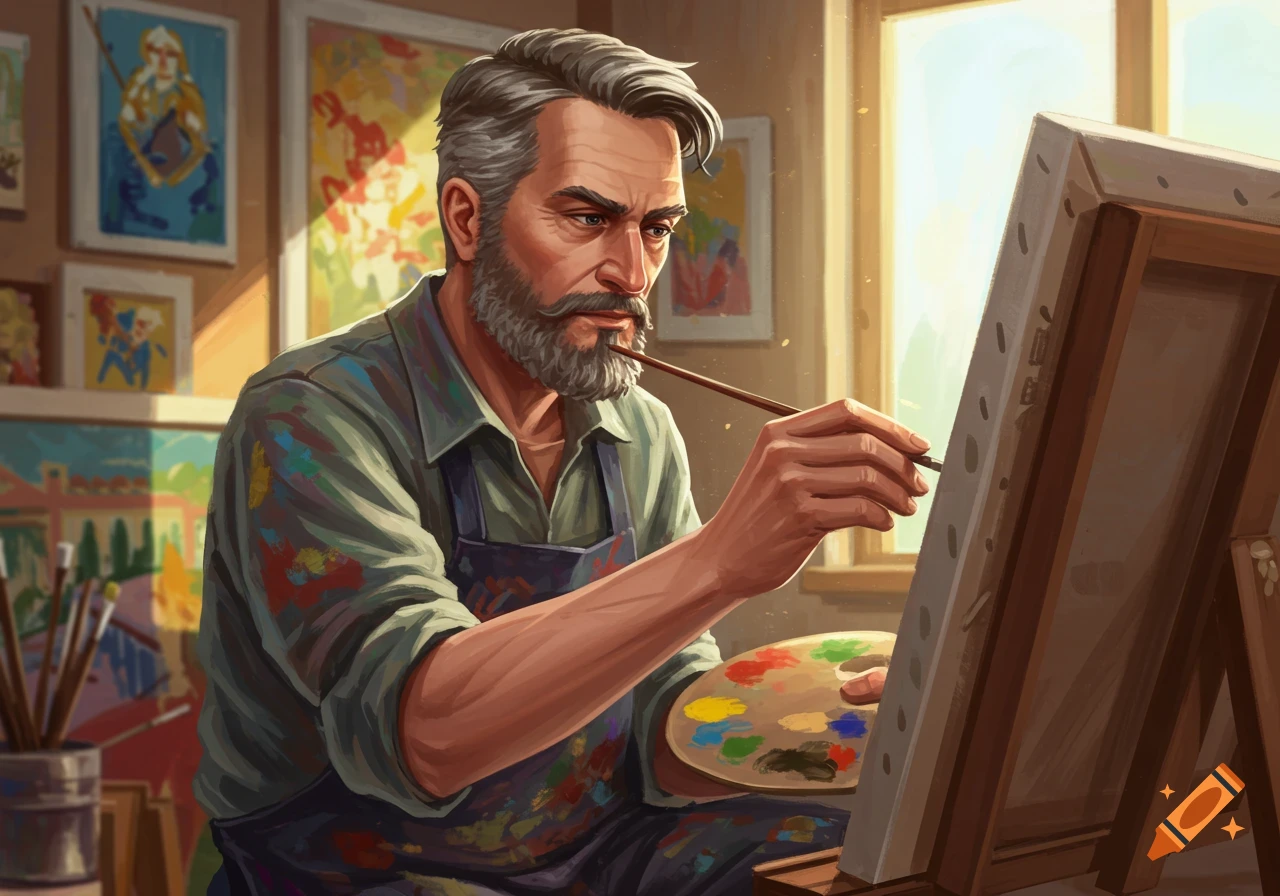 Bearded artist paints on a canvas in a sunny studio filled with paintings.