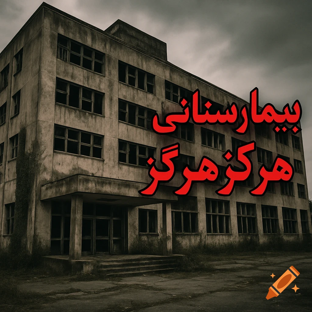 An eerie abandoned hospital building under a dark, cloudy sky with large red text overlaid.