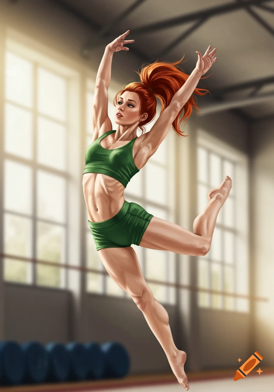 Illustration of a red-haired gymnast in green jumping in a gym.