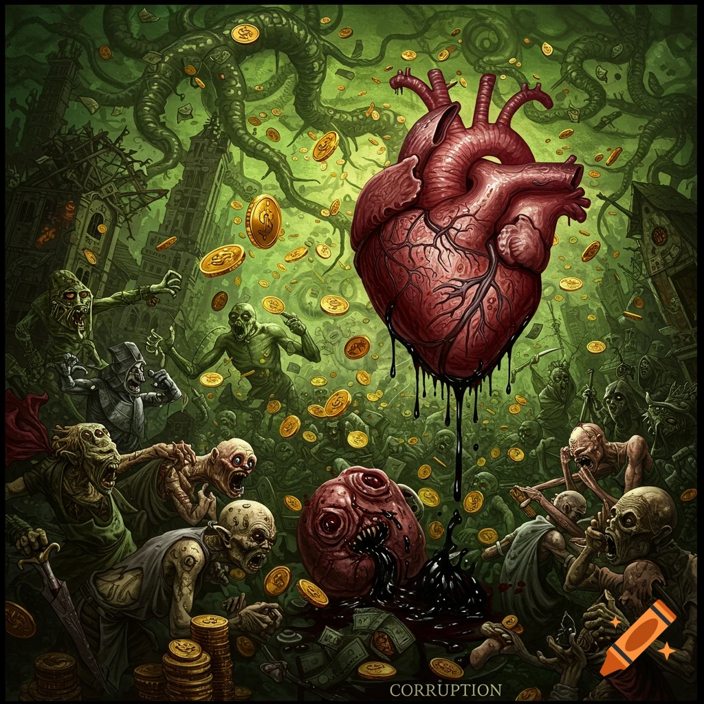 Stylized illustration of a bleeding heart over monstrous figures grabbing gold coins and money in a dark scene, labeled 'CORRUPTION'.