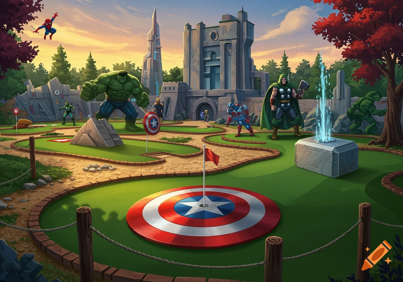 Marvel characters play mini-golf in a themed park with iconic structures and characters.