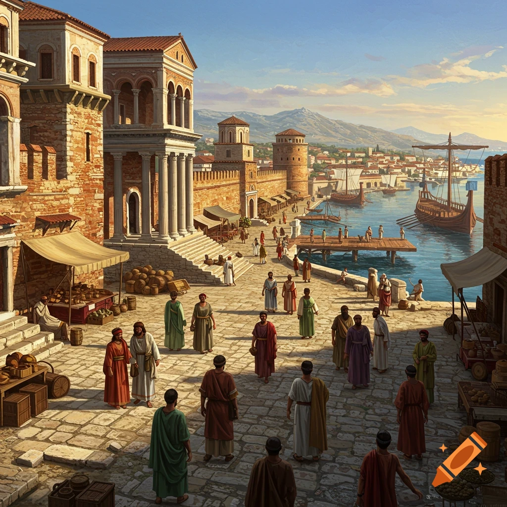 Ancient port city scene with classical buildings, ships, market stalls, and people.