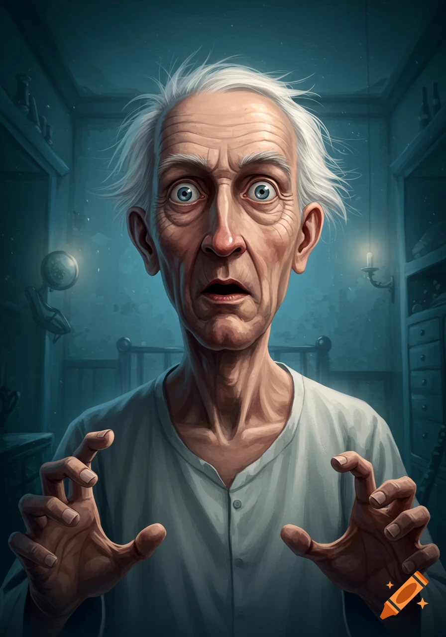 An old man with wide eyes and hands raised in surprise or fear in a dimly lit room, illustration style.