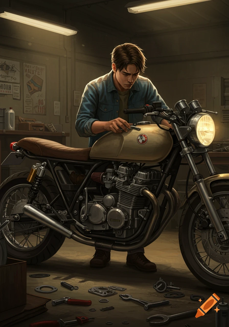 A man works on a motorcycle in a dimly lit garage.