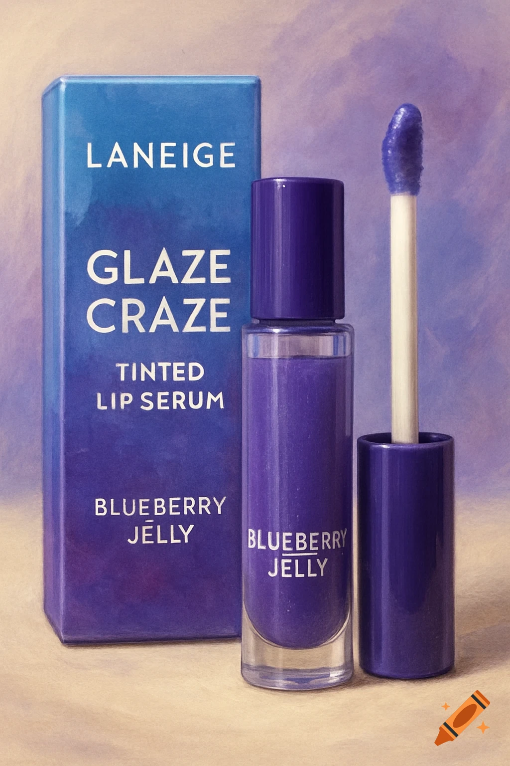 Still life of Laneige Glaze Craze Tinted Lip Serum in Blueberry Jelly flavor with its packaging and applicator.
