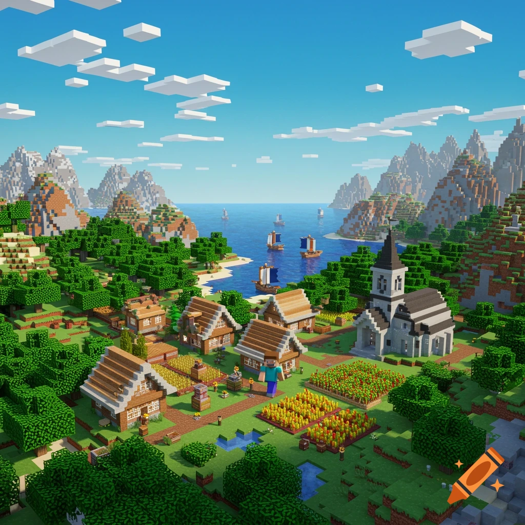 A Minecraft village scene with houses, fields, a church, mountains, and boats in a bay.
