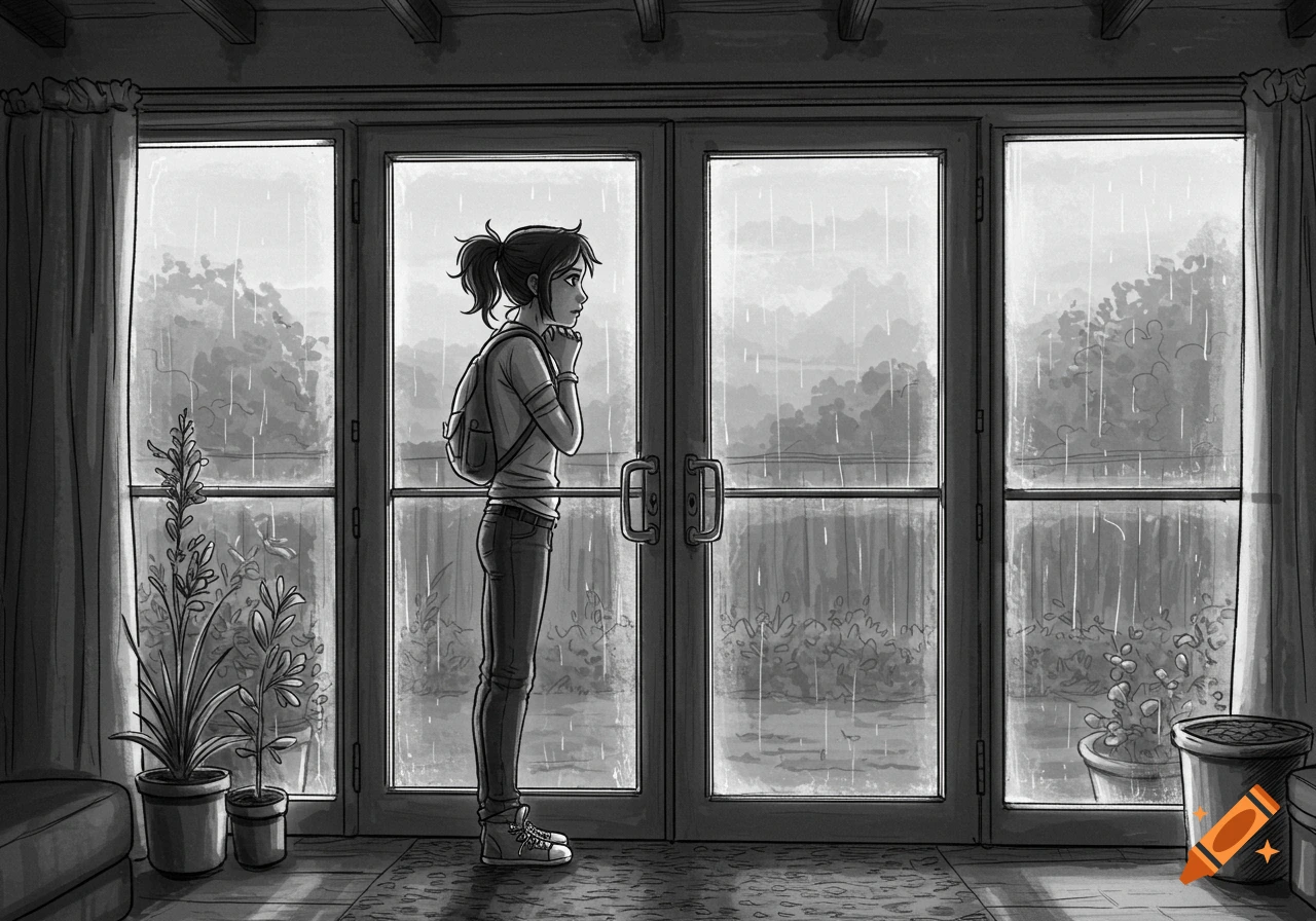 A black and white sketch of a girl with a backpack standing by a glass door, looking out at the rain.