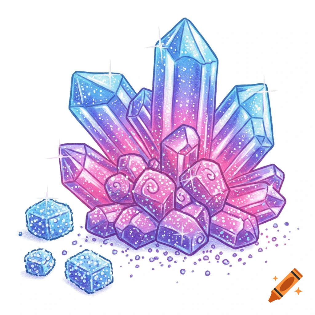 Hand-drawn illustration of sparkling blue, purple, and pink crystals.
