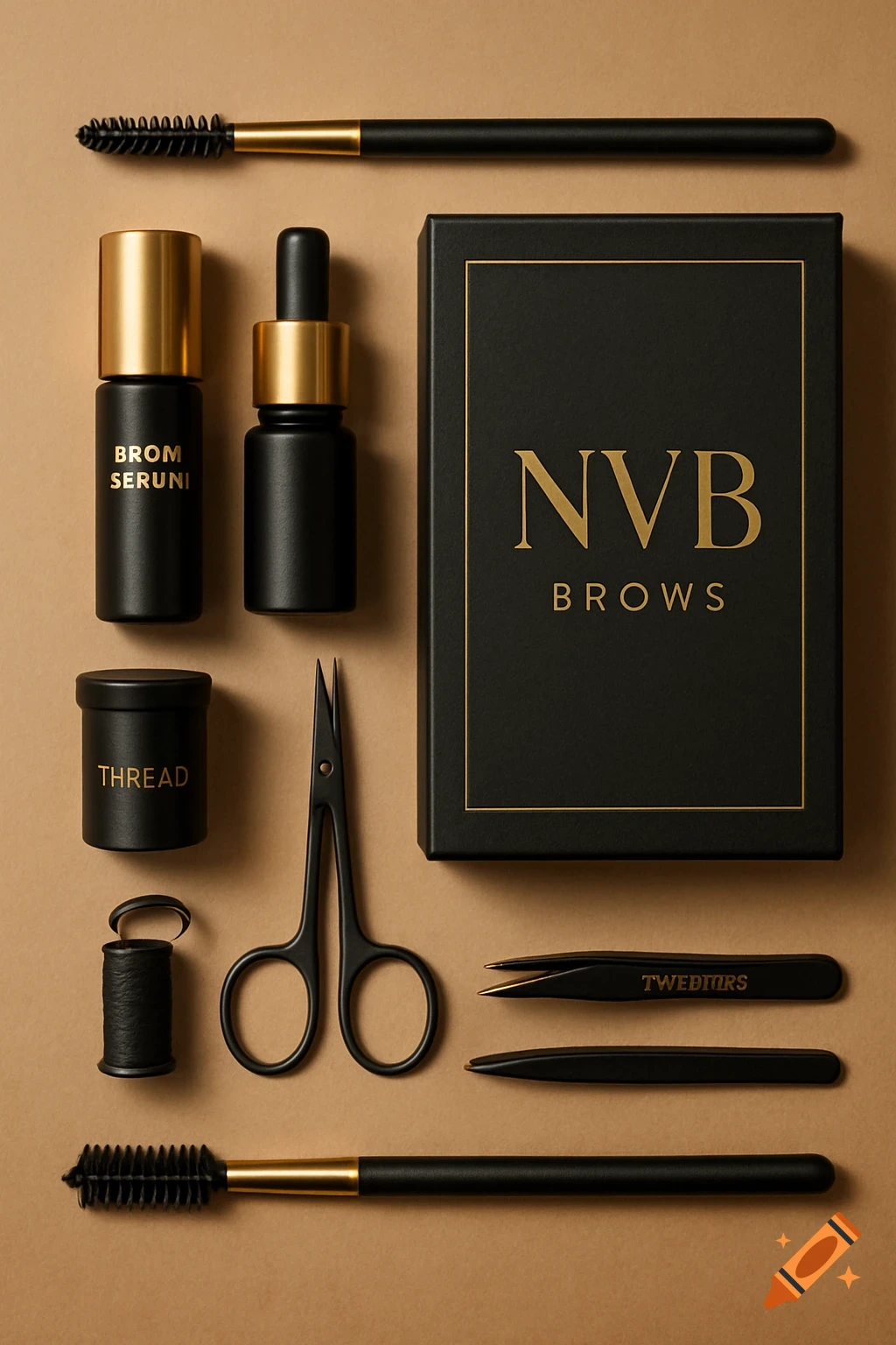 Flat lay of black and gold eyebrow kit with serums, brushes, scissors, thread, and tweezers on a brown background.