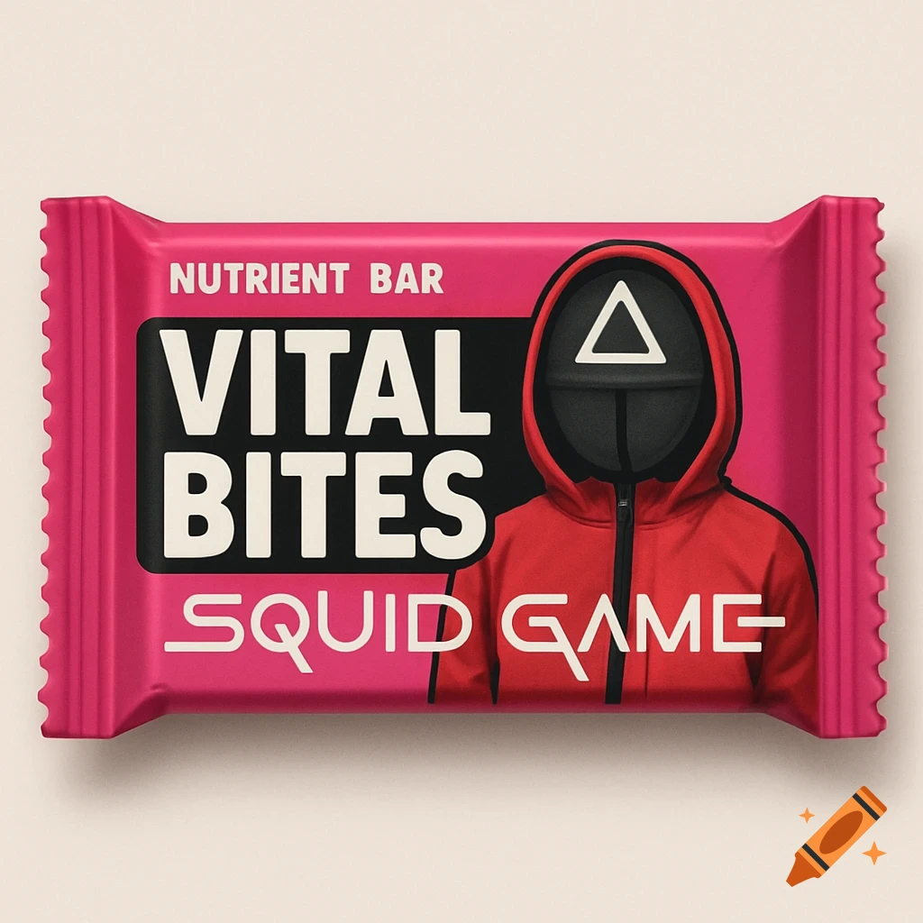 Pink nutrient bar wrapper for Vital Bites Squid Game collaboration