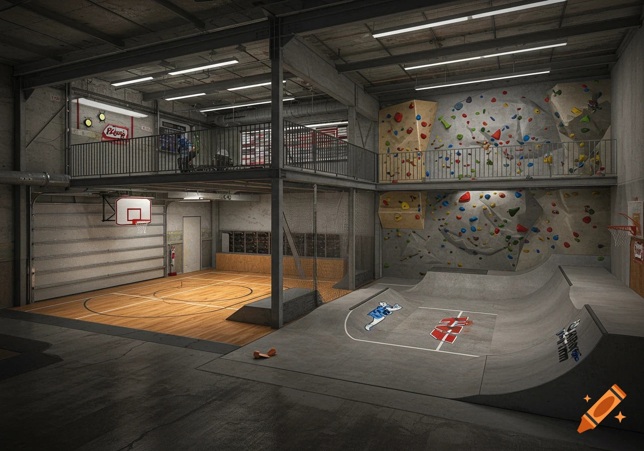 An indoor multi-level recreation area with a basketball court, climbing wall, and skate halfpipe.