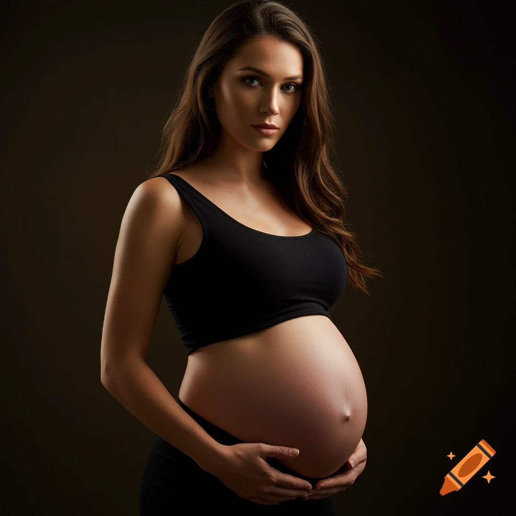 Studio portrait of a pregnant woman in a black crop top holding her belly