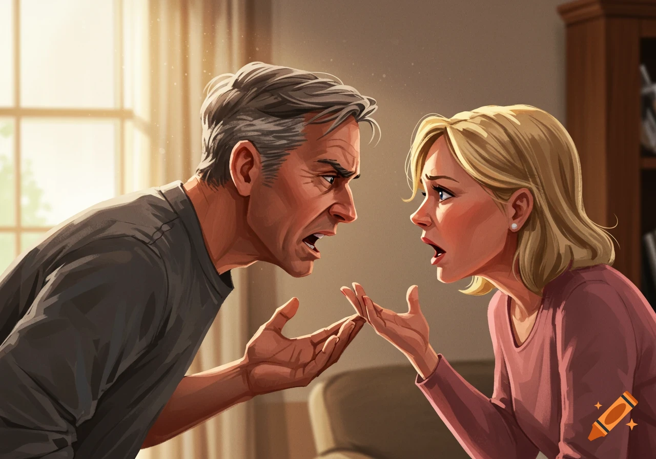 Two adults, man and woman, arguing intensely, illustration.