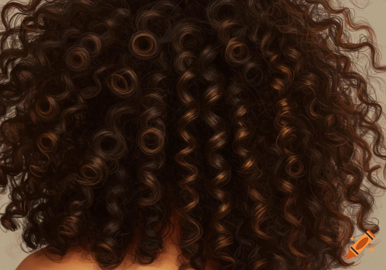 Close-up illustration of dark brown curly hair.