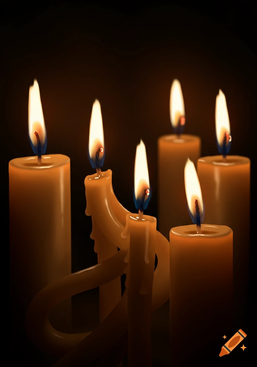 Multiple lit candles with melting wax, some touching, in the dark.